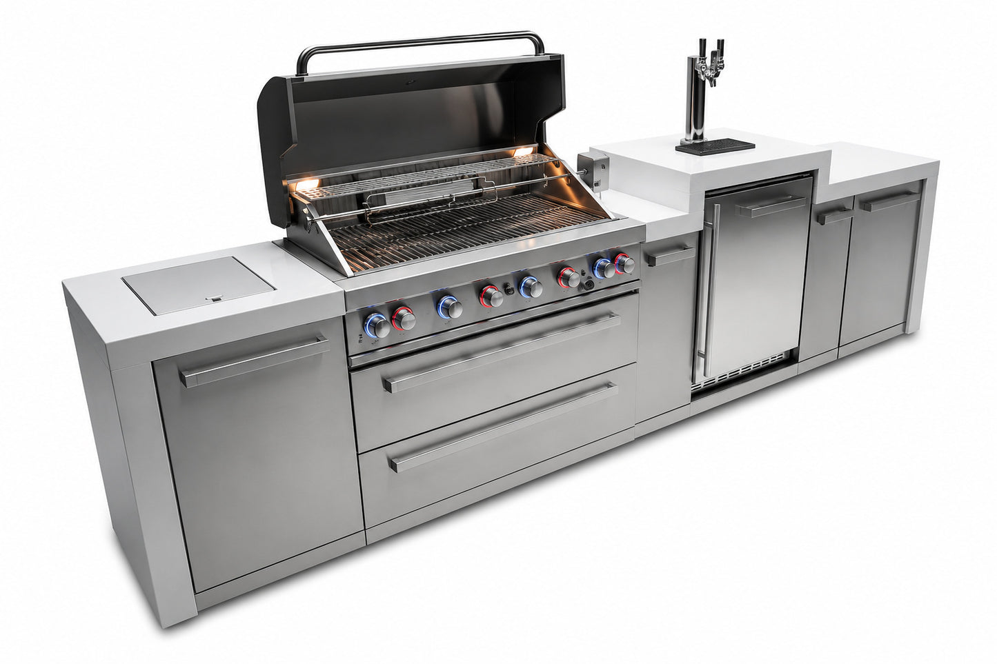 Mont Alpi MAi805-DKEG Deluxe 6-Burner Outdoor Kitchen with Kegerator on an angle on a white background