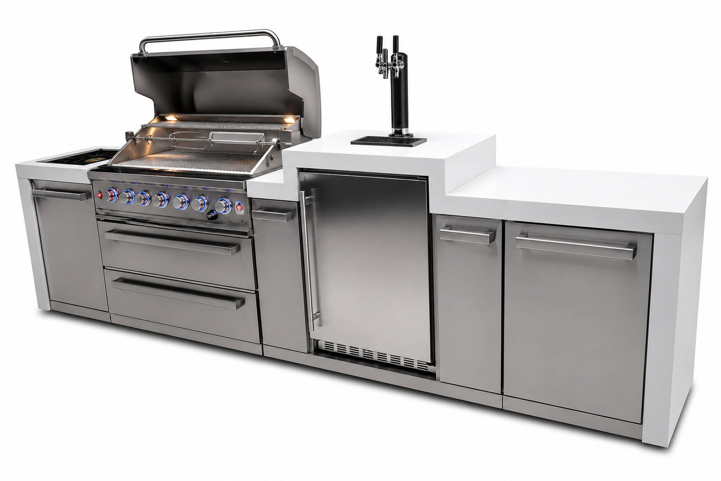 Mont Alpi MAi805-DKEG Deluxe 6-Burner Outdoor Kitchen with Kegerator on an angle on a white background