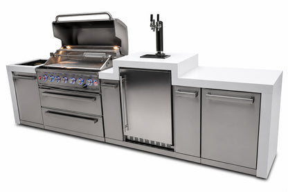 Mont Alpi MAi805-DKEG Deluxe 6-Burner Outdoor Kitchen with Kegerator on an angle on a white background