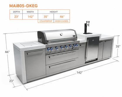 Mont Alpi MAi805-DKEG Deluxe 6-Burner Outdoor Kitchen with Kegerator spec sheet on a white background