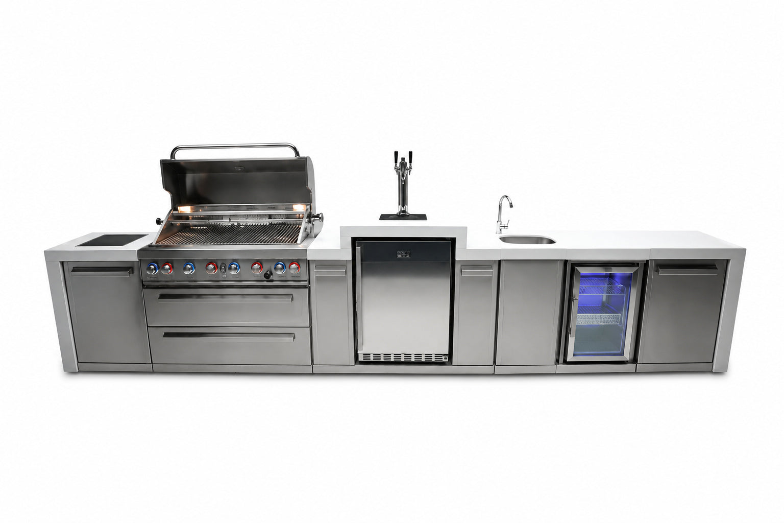 Mont Alpi MAi805-DKEGBEV Deluxe 6-Burner Outdoor Kitchen with Kegerator and Beverage Center on a white background