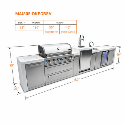 Mont Alpi MAi805-DKEGBEV Deluxe 6-Burner Outdoor Kitchen with Kegerator and Beverage Center spec sheet on a white background
