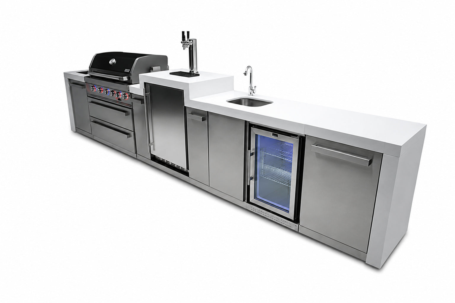 Mont Alpi MAi805-DKEGBEV Deluxe 6-Burner Outdoor Kitchen with Kegerator and Beverage Center on an angle on a white background