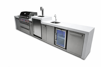 Mont Alpi MAi805-DKEGBEV Deluxe 6-Burner Outdoor Kitchen with Kegerator and Beverage Center on an angle on a white background