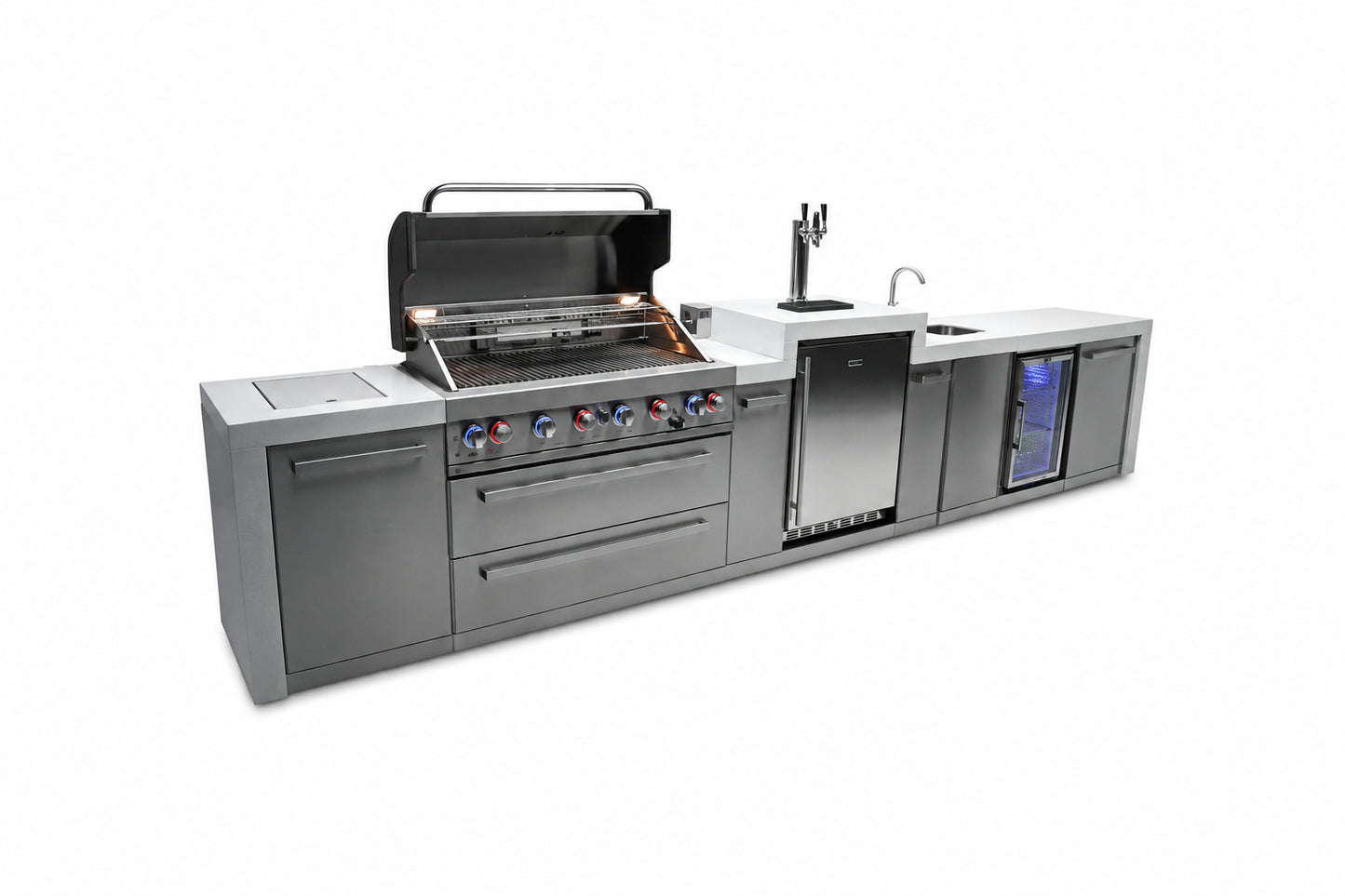 Mont Alpi MAi805-DKEGBEV Deluxe 6-Burner Outdoor Kitchen with Kegerator and Beverage Center on an angle on a white background