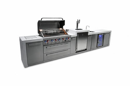 Mont Alpi MAi805-DKEGBEV Deluxe 6-Burner Outdoor Kitchen with Kegerator and Beverage Center on an angle on a white background