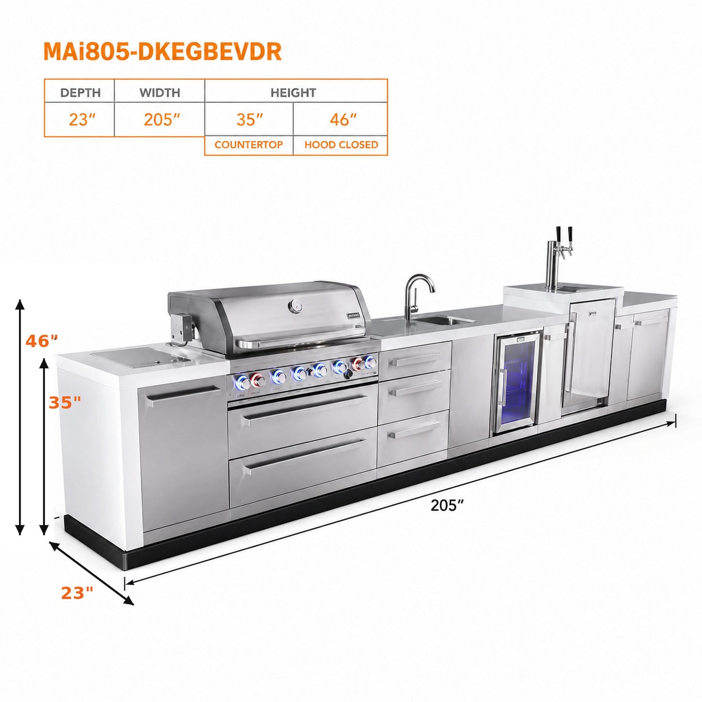 Mont Alpi MAi805-DKEGBEVDR Deluxe Outdoor Kitchen with Kegerator, Beverage Center and Drawer Storage spec sheet on a white background