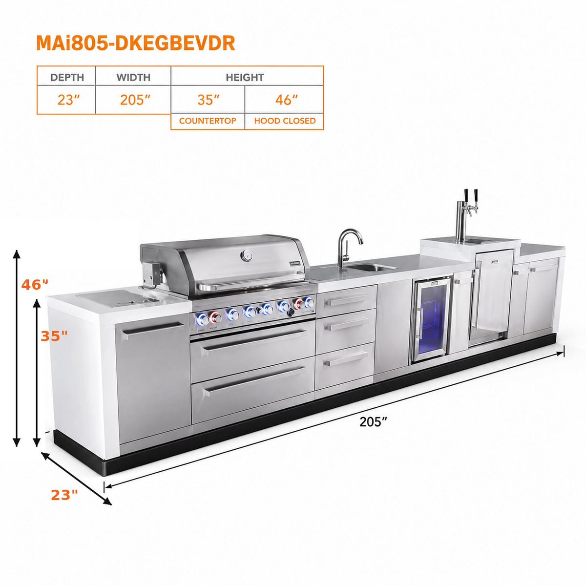 Mont Alpi MAi805-DKEGBEVDR Deluxe Outdoor Kitchen with Kegerator, Beverage Center and Drawer Storage spec sheet on a white background