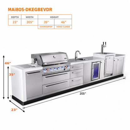 Mont Alpi MAi805-DKEGBEVDR Deluxe Outdoor Kitchen with Kegerator, Beverage Center and Drawer Storage spec sheet on a white background