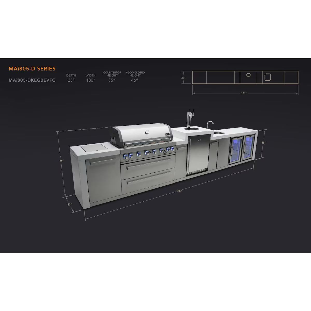 Mont Alpi MAi805-DKEGBEVFC Deluxe Outdoor Kitchen with Kegerator, Beverage Center and Extra Refrigerator spec sheet on a black and white background