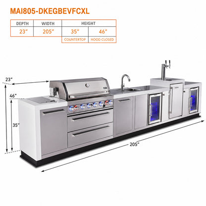 Outdoor kitchen island cabinetry set with built-in grill, sink, refrigerator, and bar-tall taps, shown with depth, width, and height measurements and a top-left spec table.