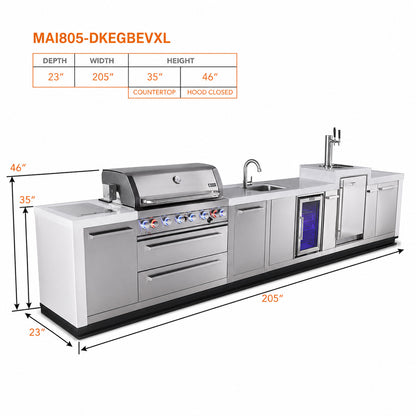 Mont Alpi MAi805-DKEGBEVXL Deluxe Outdoor Kitchen with Kegerator, Beverage Center and XL Storage spec sheet on a white background