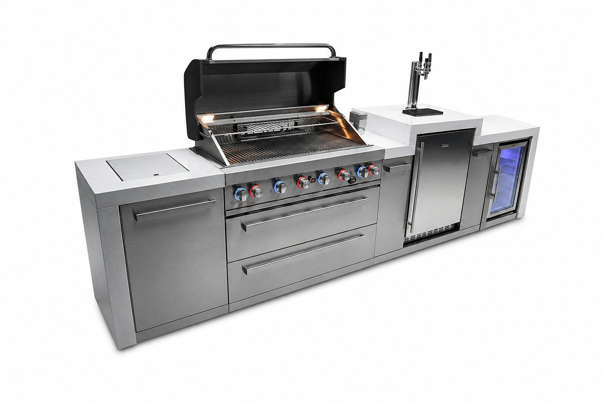 Mont Alpi MAi805-DKEGFC Deluxe 6-Burner Outdoor Kitchen with Kegerator and Refrigerator on a white background