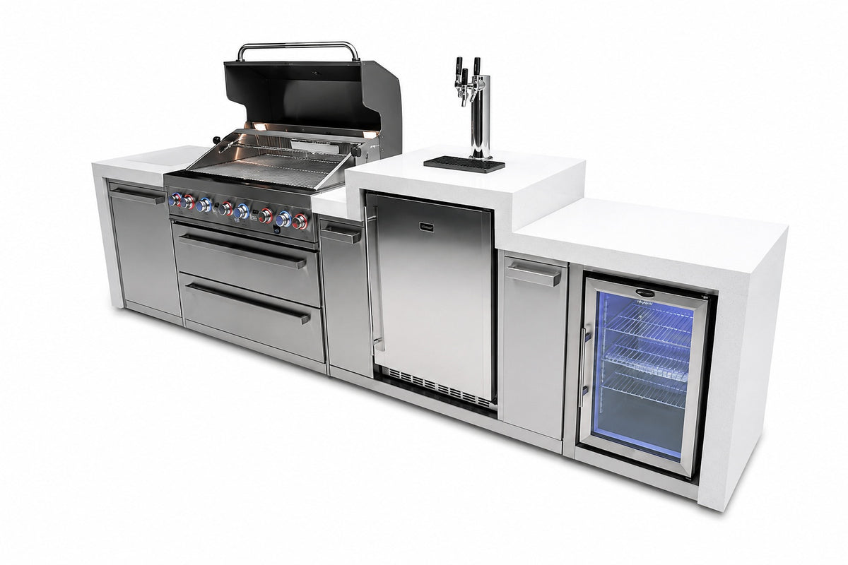 Mont Alpi MAi805-DKEGFC Deluxe 6-Burner Outdoor Kitchen with Kegerator and Refrigerator on an angle on a white background