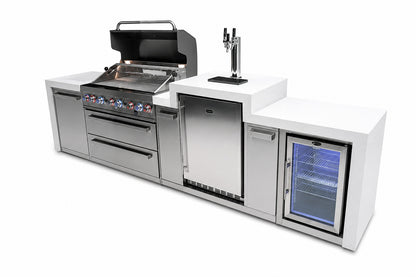 Mont Alpi MAi805-DKEGFC Deluxe 6-Burner Outdoor Kitchen with Kegerator and Refrigerator on an angle on a white background