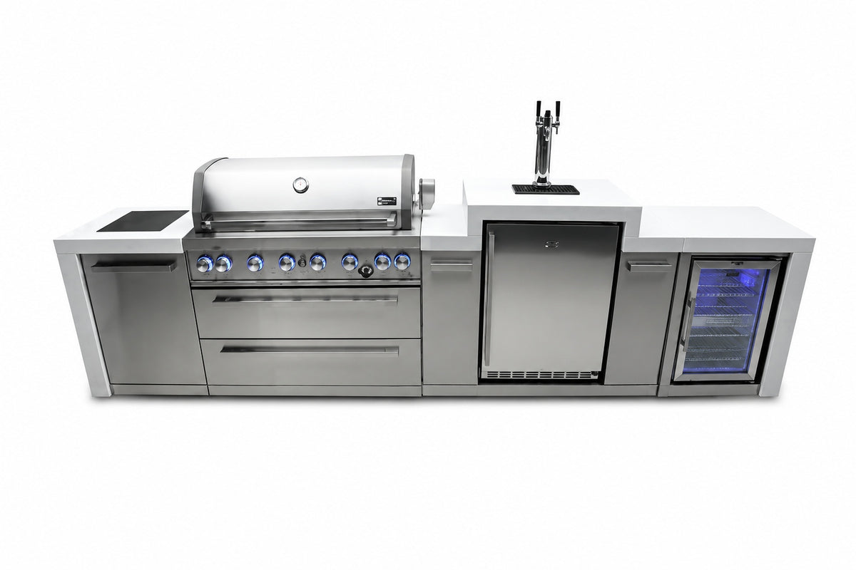 Mont Alpi MAi805-DKEGFC Deluxe 6-Burner Outdoor Kitchen with Kegerator and Refrigerator on a white background