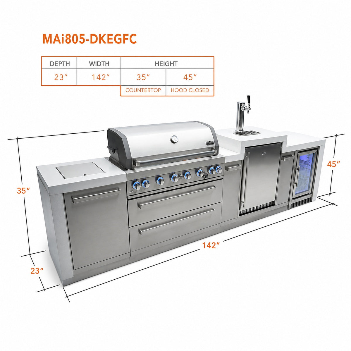 Mont Alpi MAi805-DKEGFC Deluxe 6-Burner Outdoor Kitchen with Kegerator and Refrigerator spec sheet on a white background