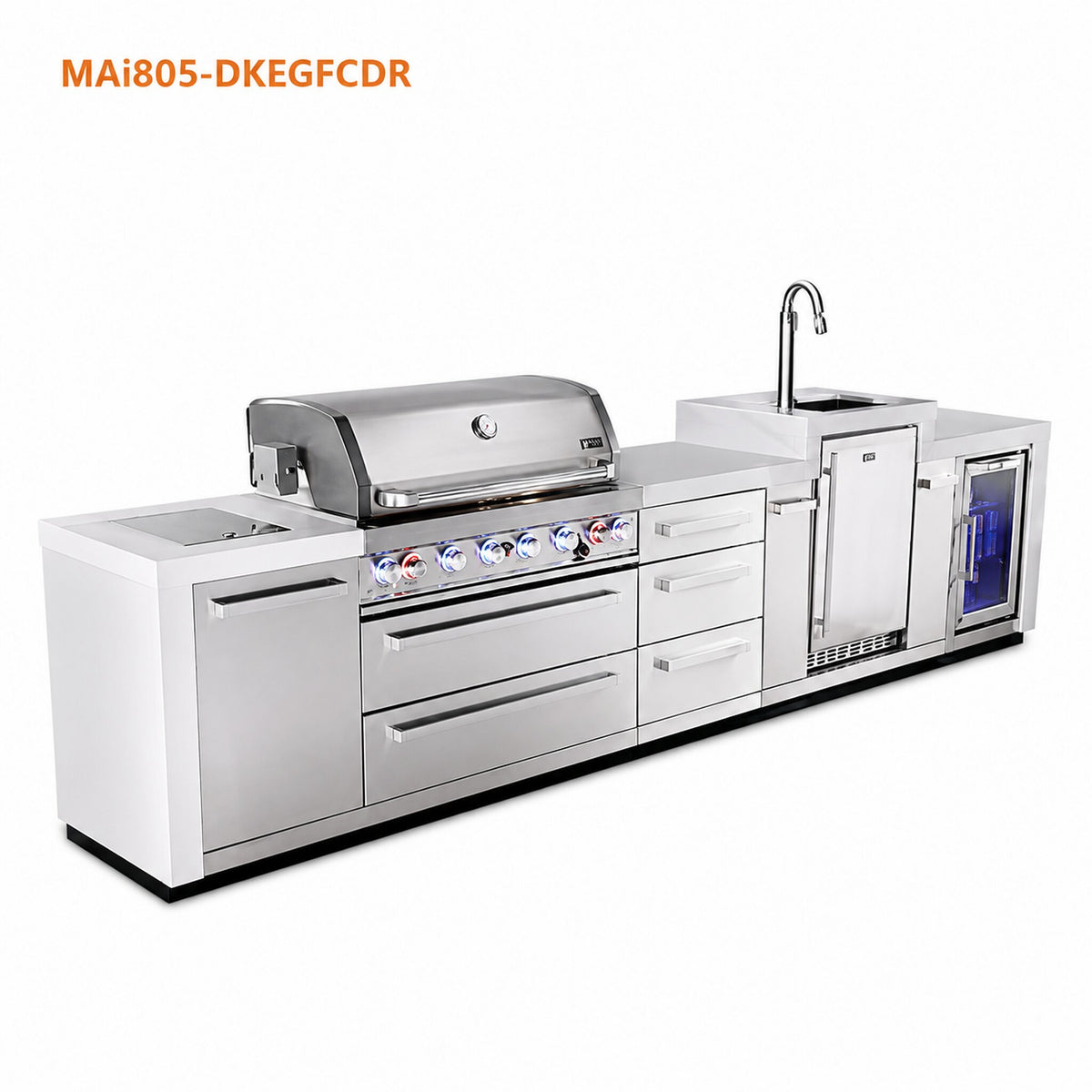 Mont Alpi MAi805-DKEGFCDR Deluxe Outdoor Kitchen with Kegerator, Refrigerator and Drawer Storage spec sheet on a white background