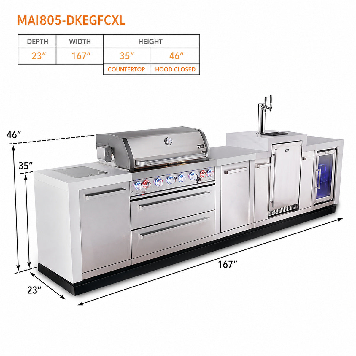 Mont Alpi MAi805-DKEGFCXL Deluxe Outdoor Kitchen with Kegerator, Refrigerator and XL Storage spec sheet on a white background