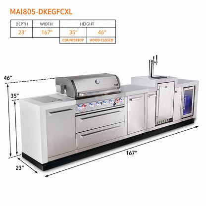 Mont Alpi MAi805-DKEGFCXL Deluxe Outdoor Kitchen with Kegerator, Refrigerator and XL Storage spec sheet on a white background