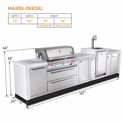 Mont Alpi MAi805-DKEGXL Deluxe Outdoor Kitchen with Kegerator and XL Storage spec sheet on a white background