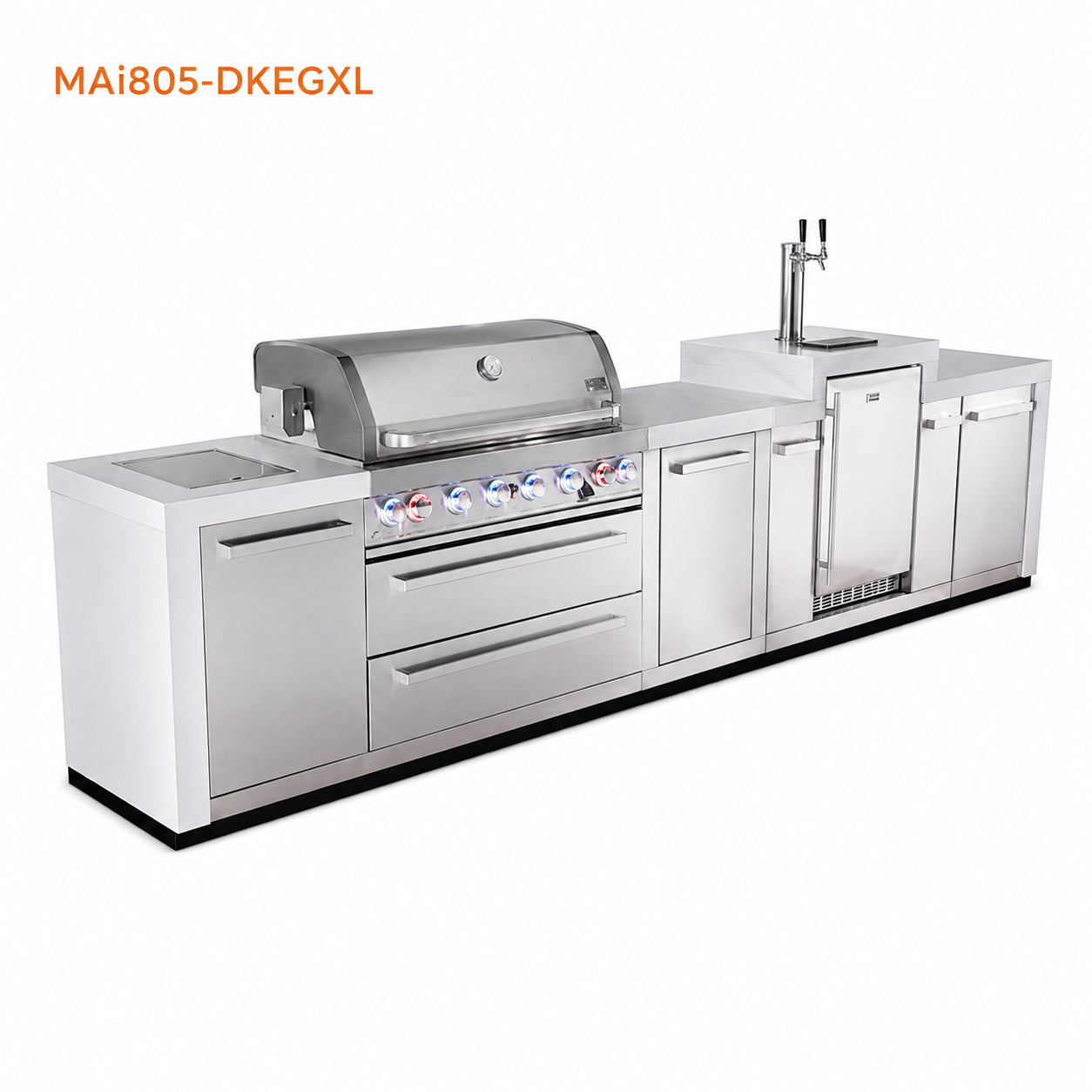 Mont Alpi MAi805-DKEGXL Deluxe Outdoor Kitchen with Kegerator and XL Storage on a white background