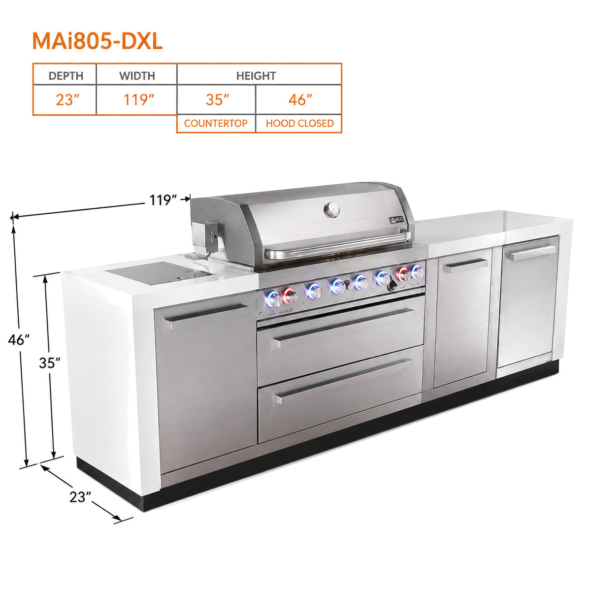 Mont Alpi MAi805-DXL Deluxe 6-Burner XL Outdoor Kitchen spec sheet on a white background
