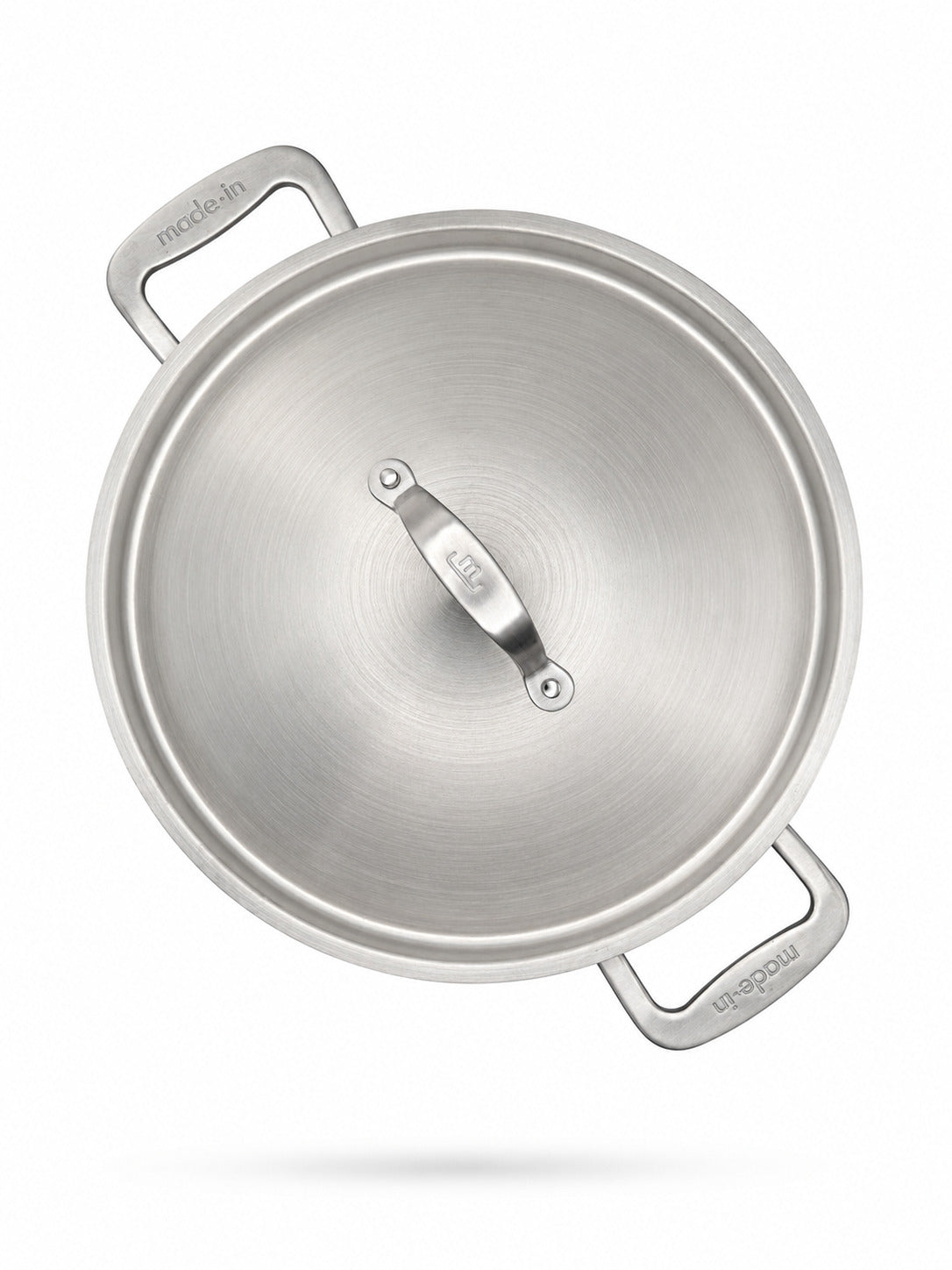 Made In 12 Qt Stainless Clad Stock Pot with Lid and handles on a white background