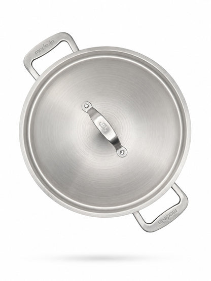 Made In 12 Qt Stainless Clad Stock Pot with Lid and handles on a white background