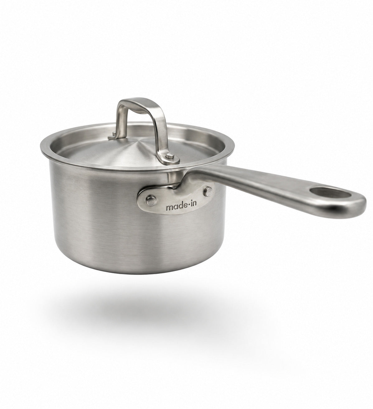 Made In 2 Qt Stainless Steel saucepan with lid on a white background