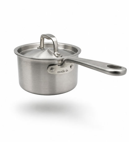 Made In 2 Qt Stainless Steel saucepan with lid on a white background
