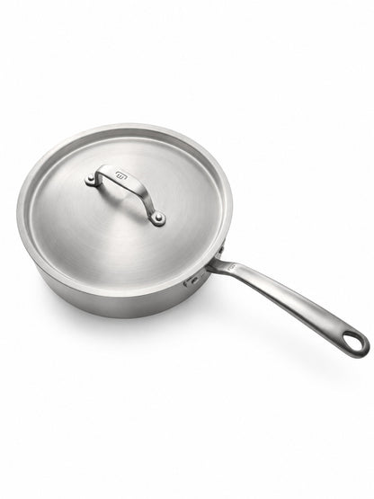 Made In 3 Qt Stainless Clad Saucier with lid on a white background