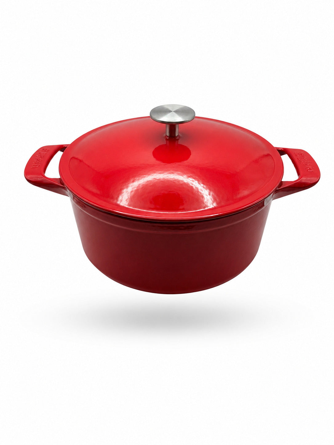 Made In Round Enameled Cast Iron Dutch oven in Made In Red on a white background