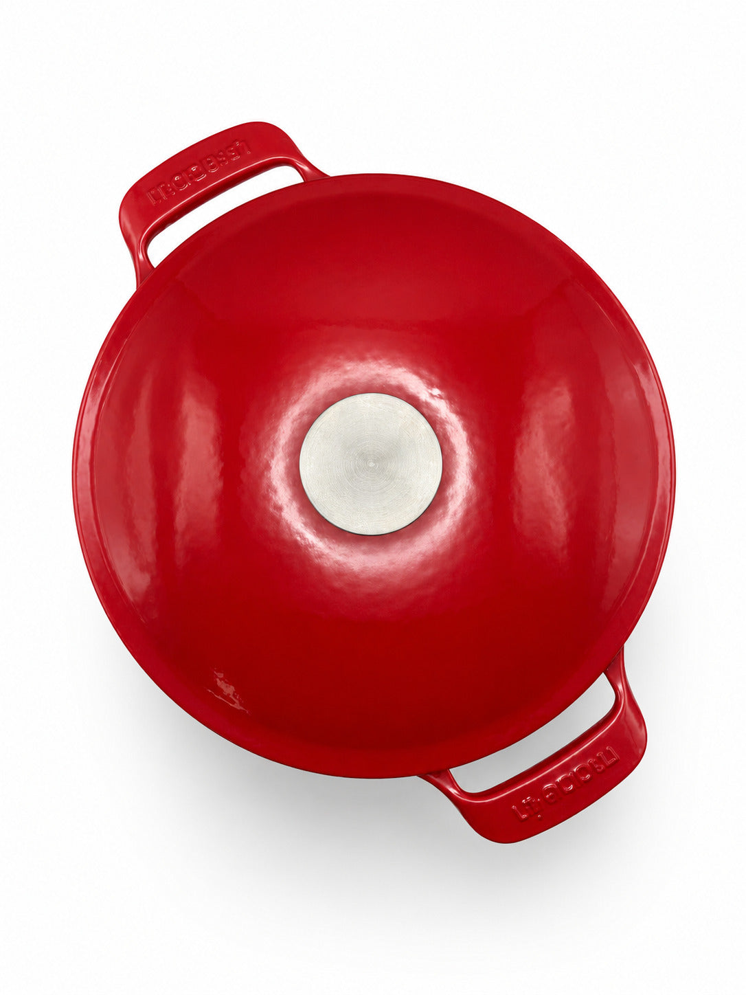 Made In Round Enameled Cast Iron Dutch oven in Made In Red on a white background