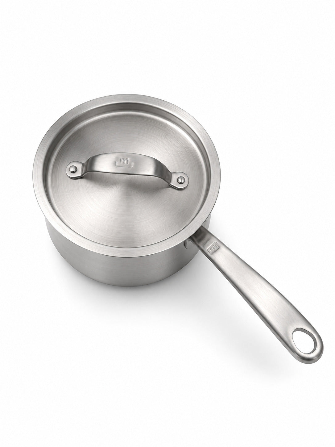 Made In 2 Qt Stainless Clad Saucepan with lid on a white background