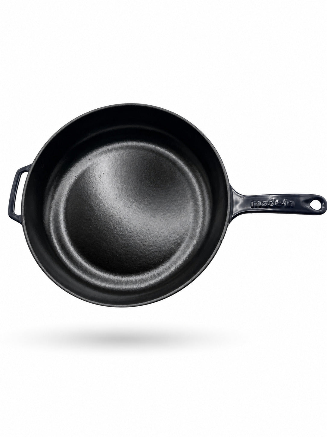 Made In Enameled Cast Iron Skillet with Harbour Blue Handles on a white background