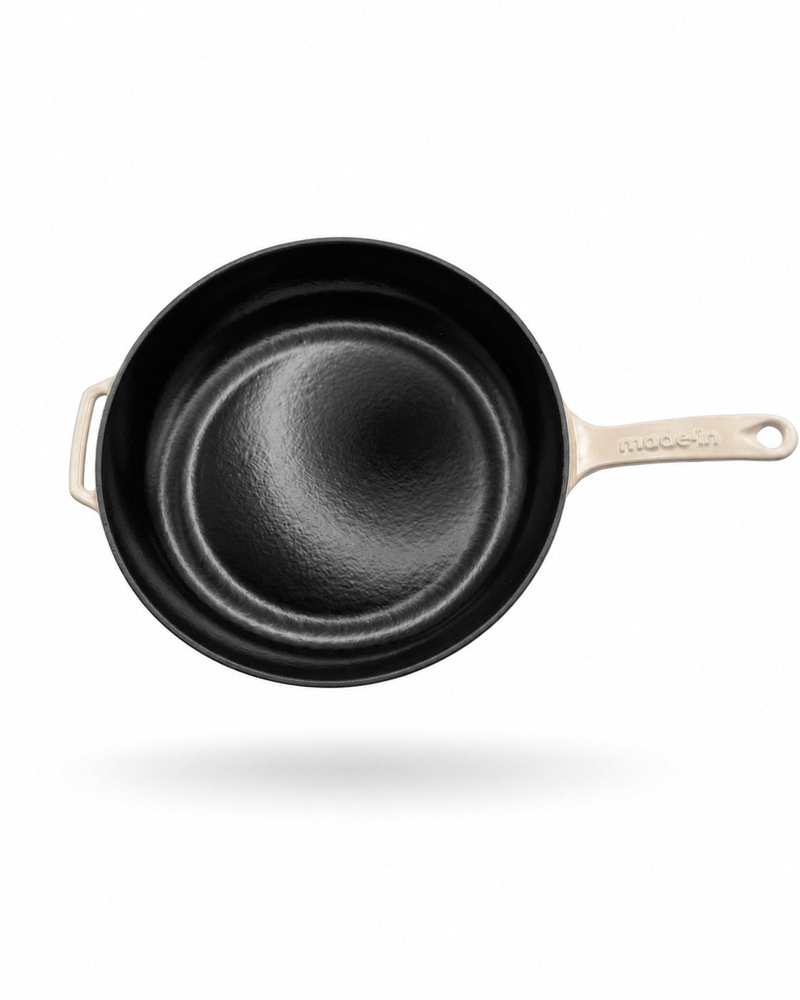 Made In Enameled Cast Iron Skillet with Antique White Handles on a white background