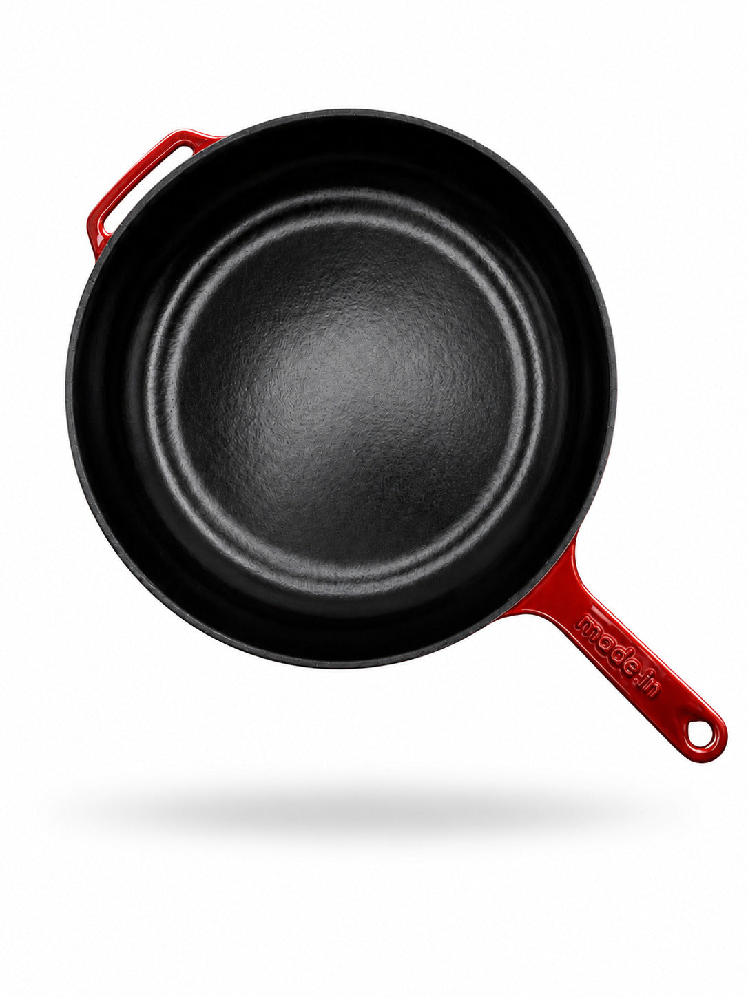 Made In Enameled Cast Iron Skillet with Made In Red Handles on a white background