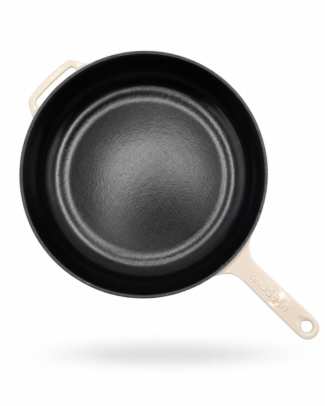 Made In Enameled Cast Iron Skillet with Antique White Handles on a white background