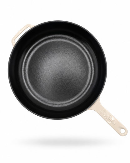 Made In Enameled Cast Iron Skillet with Antique White Handles on a white background