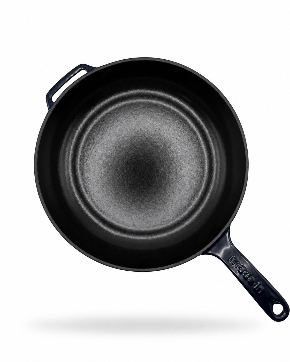 Made In Enameled Cast Iron Skillet with Harbour Blue Handles on a white background