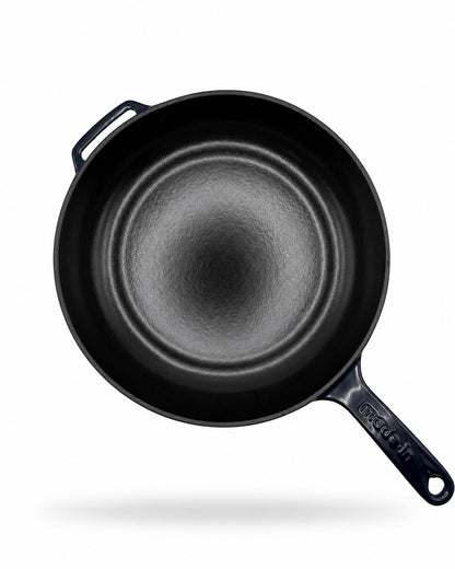 Made In Enameled Cast Iron Skillet with Harbour Blue Handles on a white background