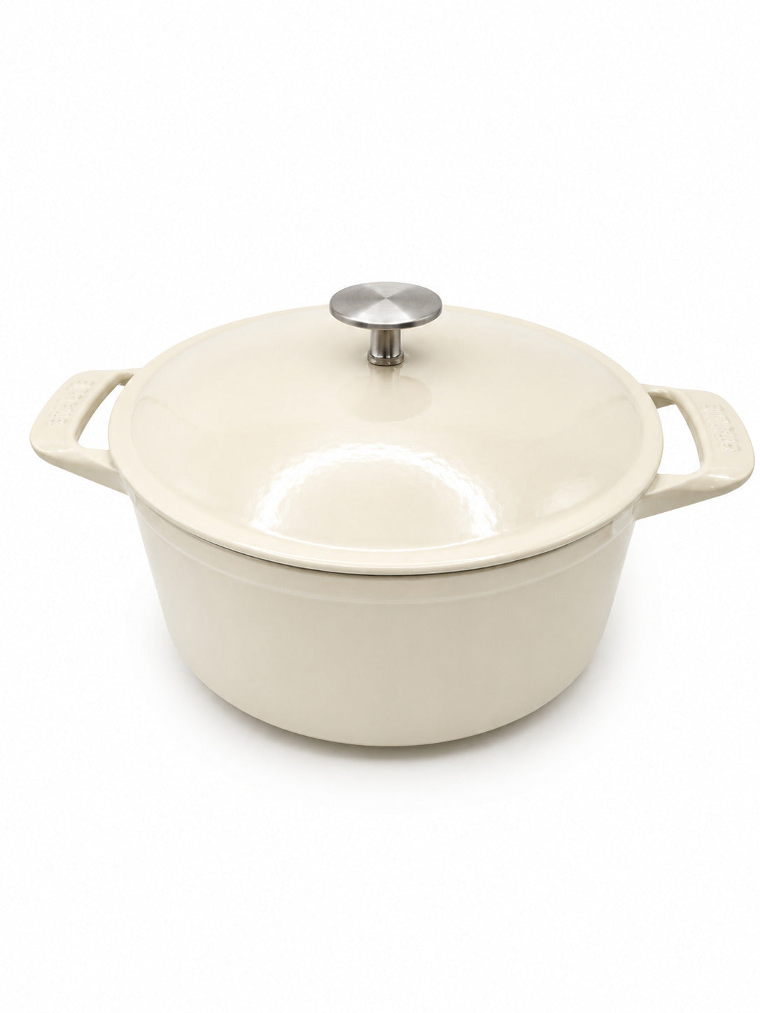 Made In Round Enameled Cast Iron Dutch oven in Antique White on a white background