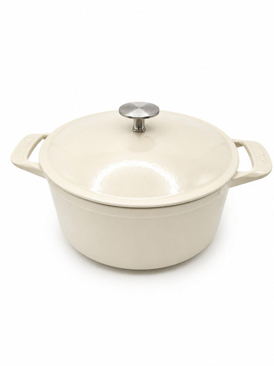 Made In Round Enameled Cast Iron Dutch oven in Antique White on a white background