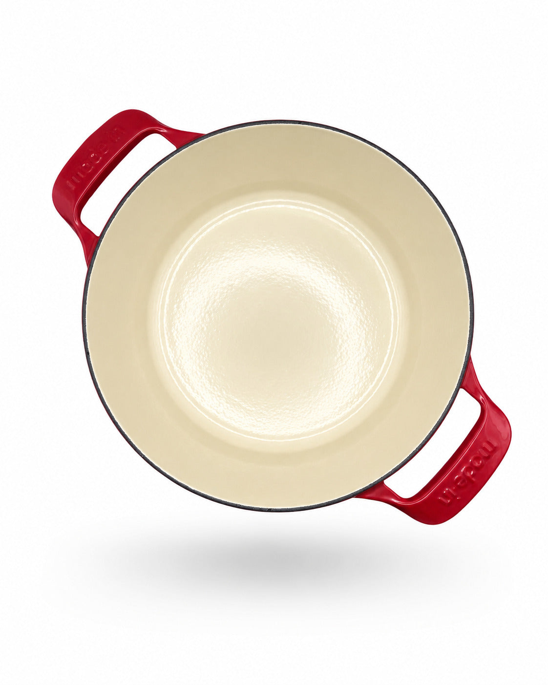 Made In Round Enameled Cast Iron Dutch oven in Made In Red on a white background