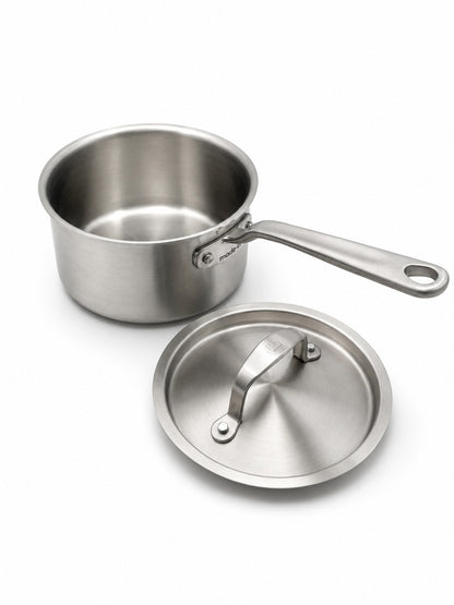 Made In 2 Qt Stainless Clad Saucepan with lid on a white background
