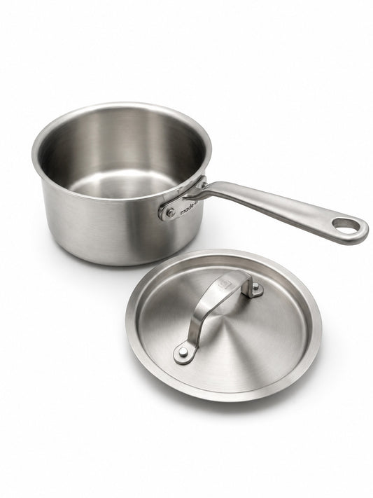 Made In 2 Qt Stainless Clad Saucepan with lid on a white background