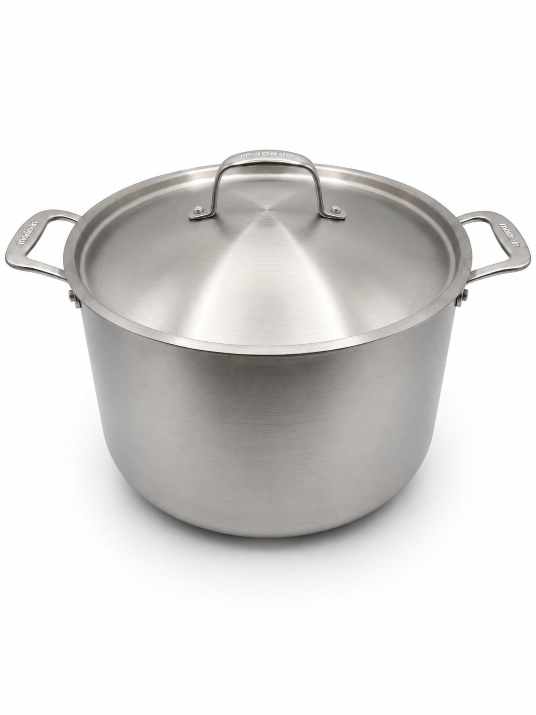 Made In 12 Qt Stainless Clad Stock Pot with Lid on a white background