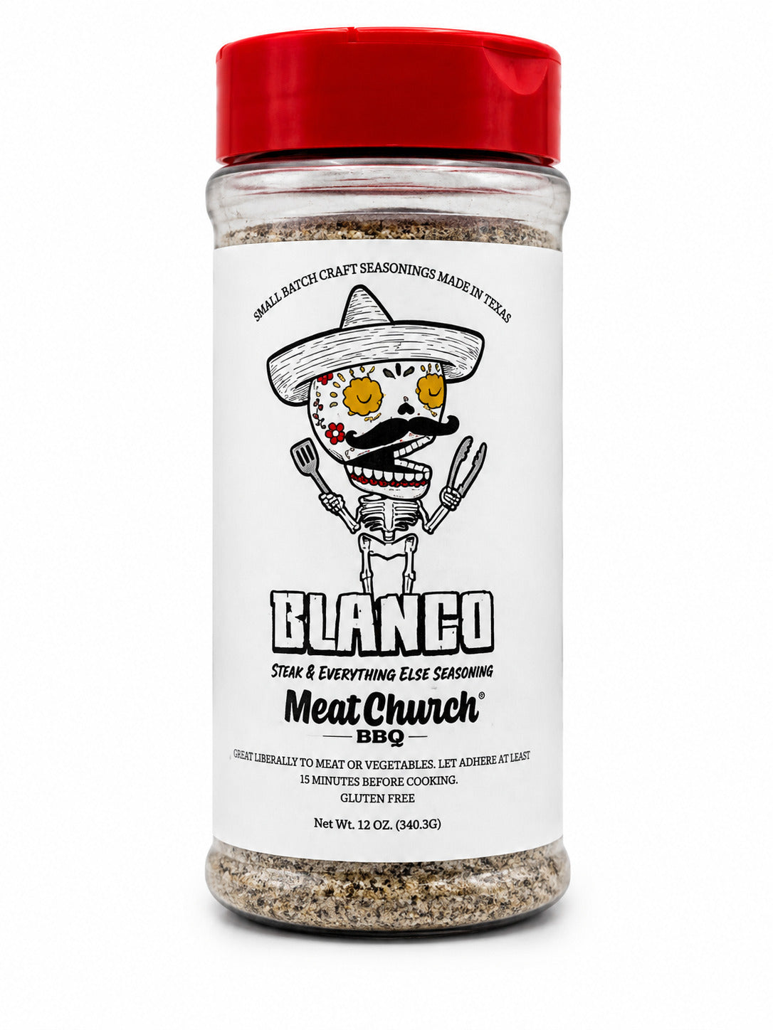Spice jar with a red lid labeled 'Meat Church' on a white background