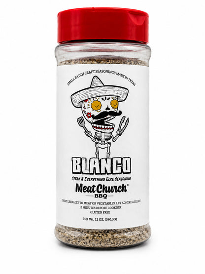 Spice jar with a red lid labeled 'Meat Church' on a white background